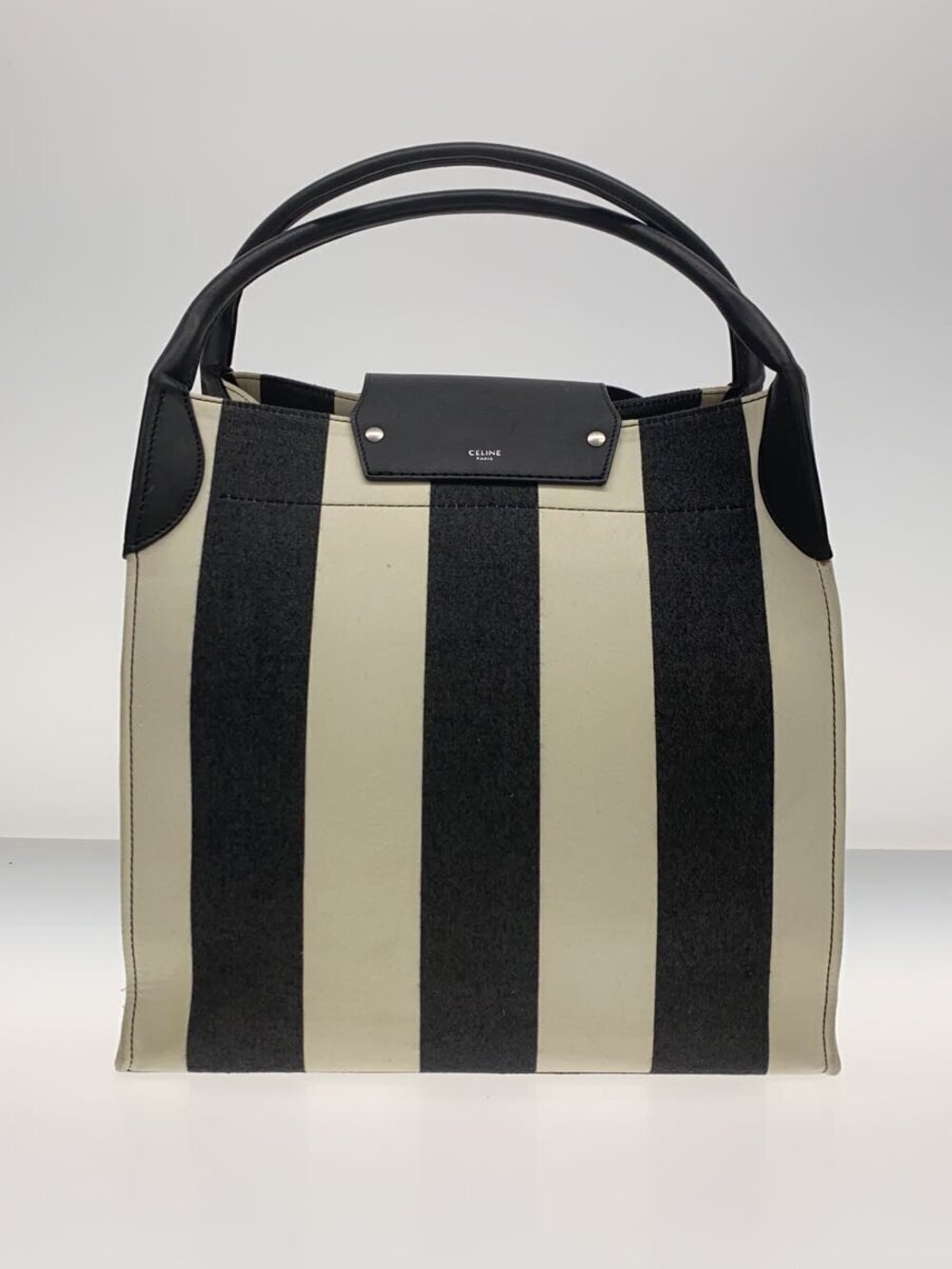 Celine Striped Canvas Big Bag vertical striped black Cream leather